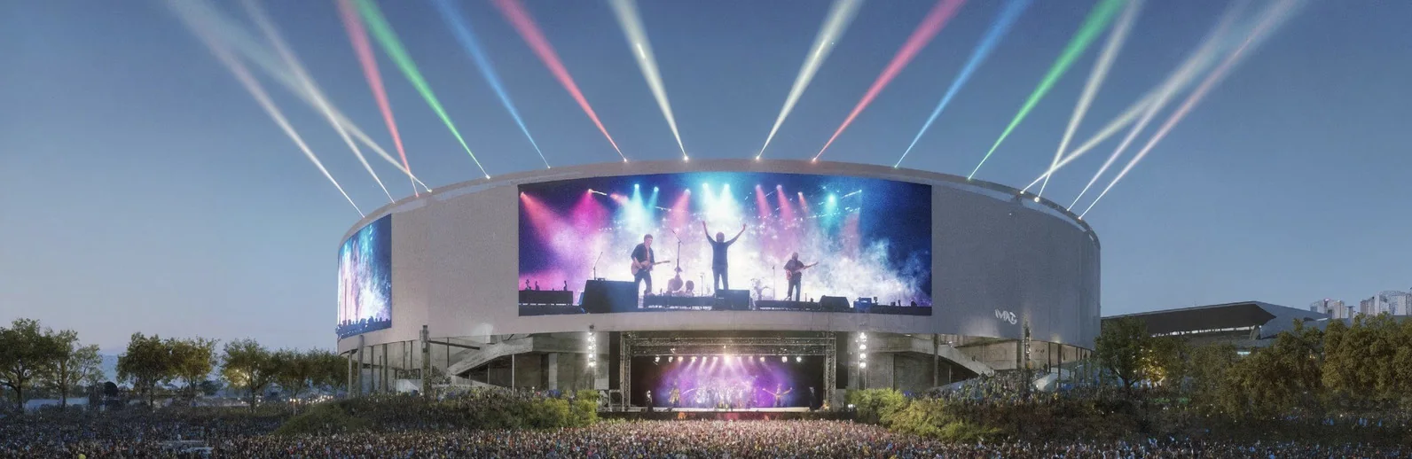 Projeto da nova arena do Serra Dourada iluminada em noite de show